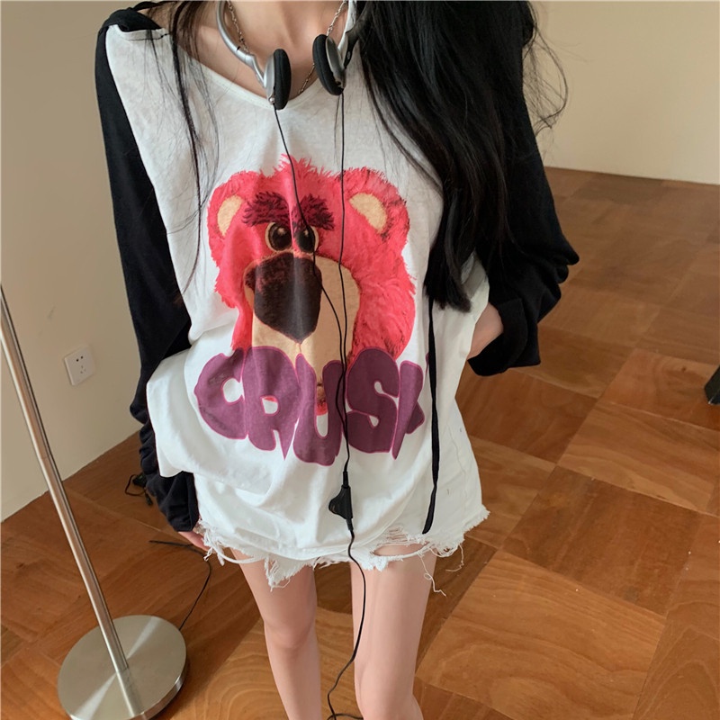 Áo Thun Hoodie Tay Dài Dáng Rộng In Hoạt Hình Dễ Thương