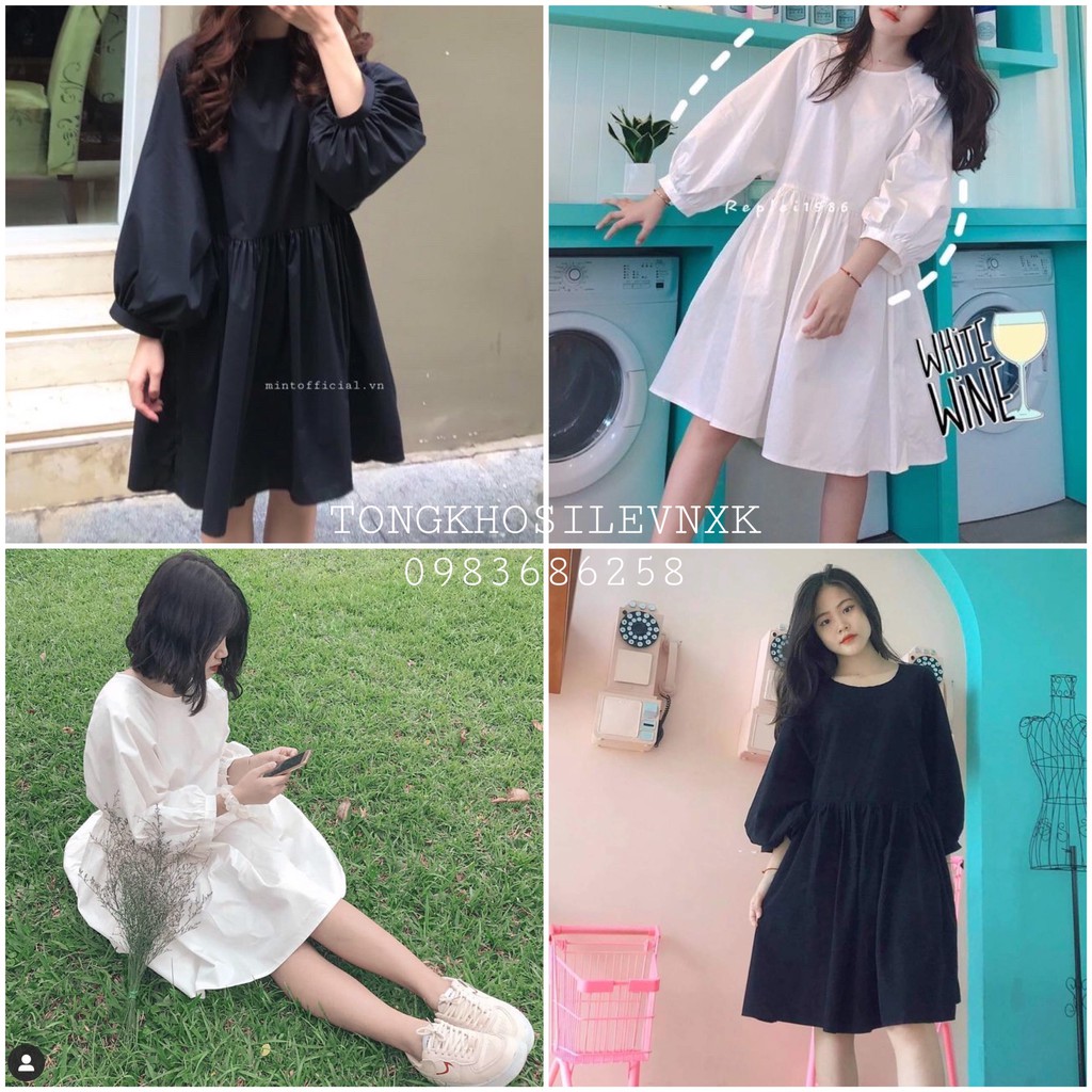 (new) VÁY BABYDOLL OVERSIZE TAY PHỒNG ĐEN TRẮNG - ĐẦM NỮ XOÈ TRƠN 2 MÀU ULZZANG