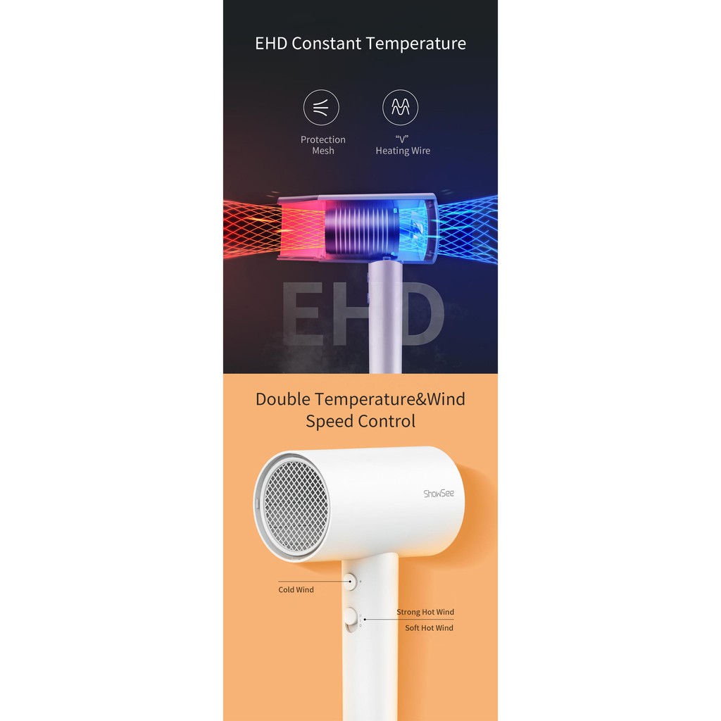 Máy Sấy Tóc XIAOMI SHOWSEE A1-W 1800W - Bổ sung Ion âm bảo vệ tóc - Chế độ sấy Nóng/Lạnh – Hàng chính hãng