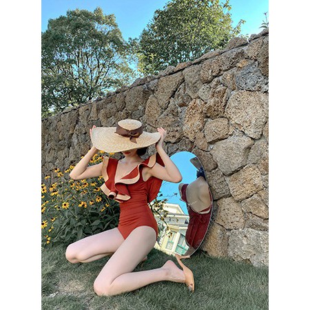 Đồ bơi nữ Bikini một mảnh SW1M038 mới sexy , cổ chữ V kiểu bèo lá sen nhấp nháy, eo cao che bụng màu đỏ rượu vang tôn da | BigBuy360 - bigbuy360.vn