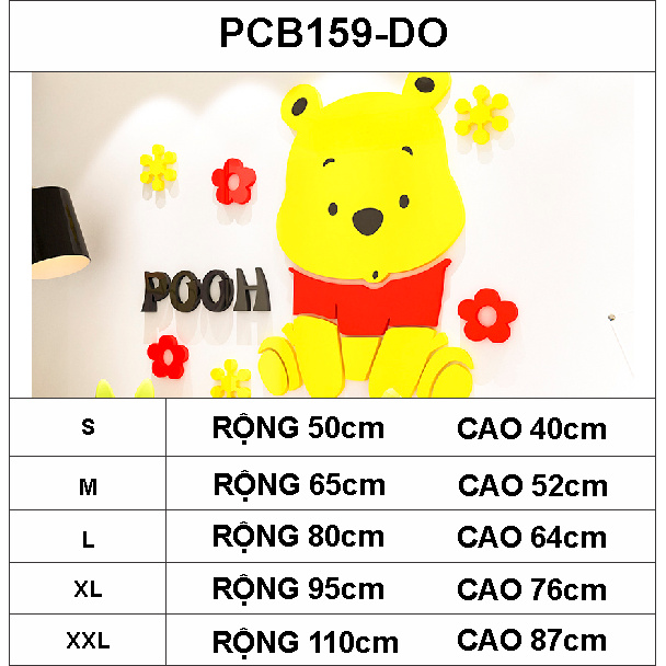 Tranh Dán Tường Mica 3D hoạt hình gấu Pooh dễ thương Trang Trí Mầm Non, Mẫu Giáo, Phòng Cho Bé