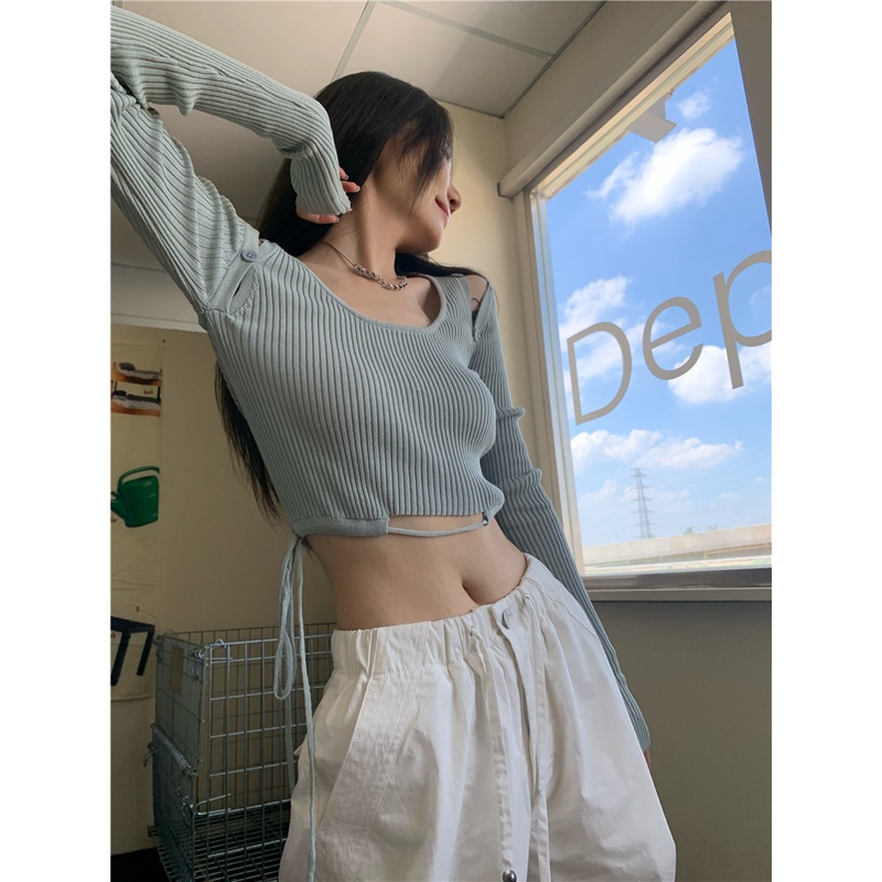 「MOTEL7」 Áo Sweater Tay Dài Cổ Vuông Hở Vai Phối Dây Rút Kiểu Mỹ Thời Trang Mùa Thu