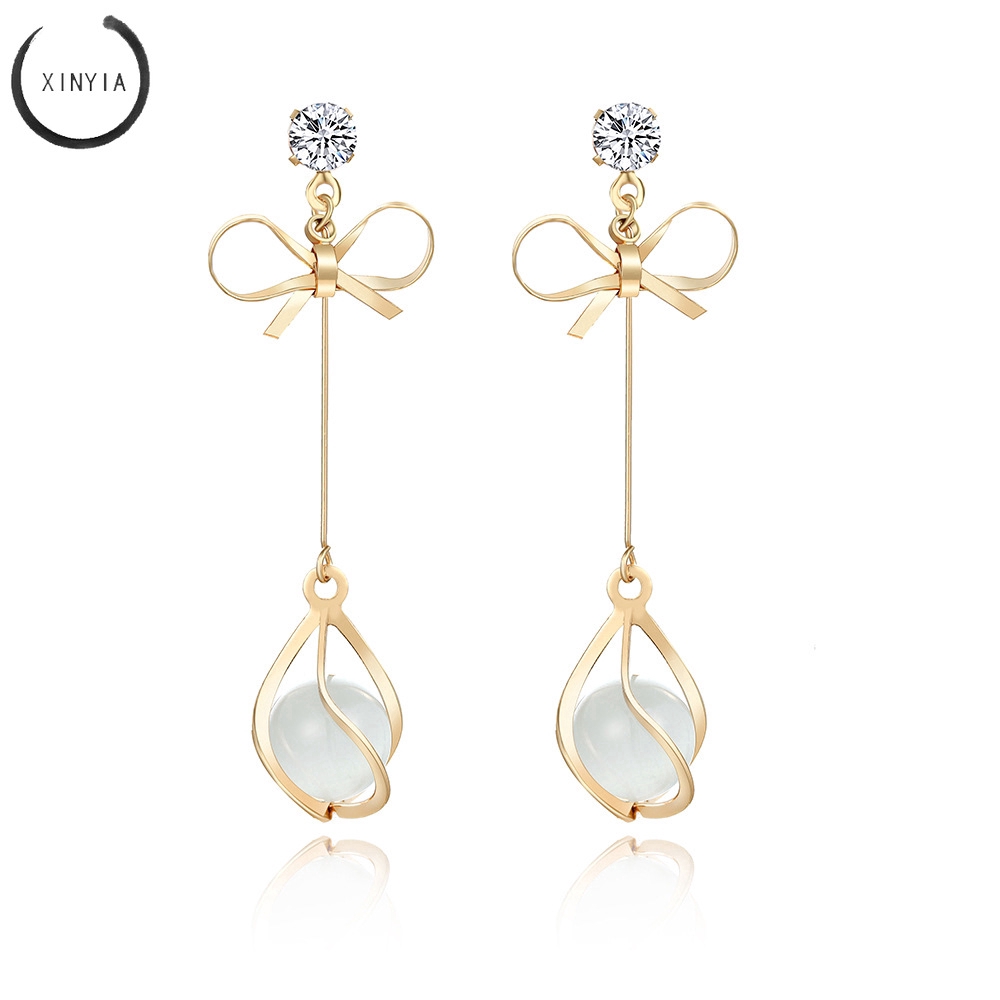 Khuyên Tai Dáng Dài Đính Nơ Xinh Xắn Phong Cách Hàn Quốc