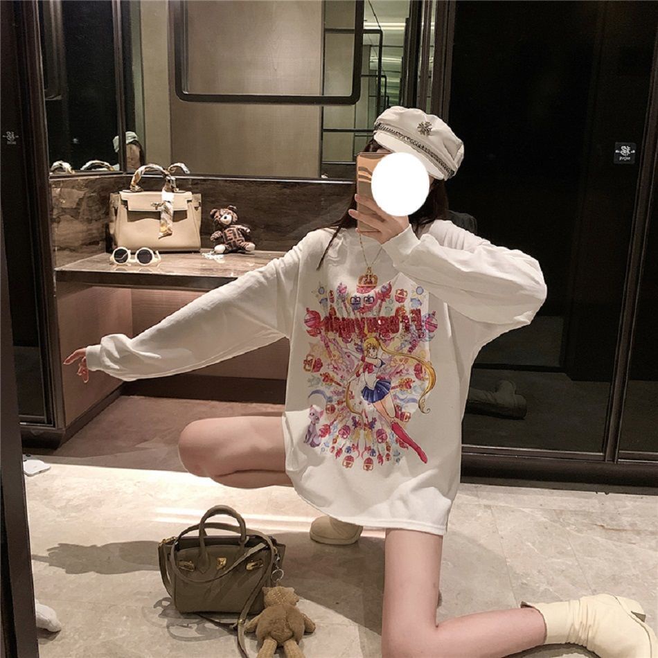 Jiashucheng Hàng Có Sẵn Áo Thun Dài Tay Dáng Rộng Cỡ Lớn Vừa In Họa Tiết Kim Cương Công Nghiệp Màu Trắng