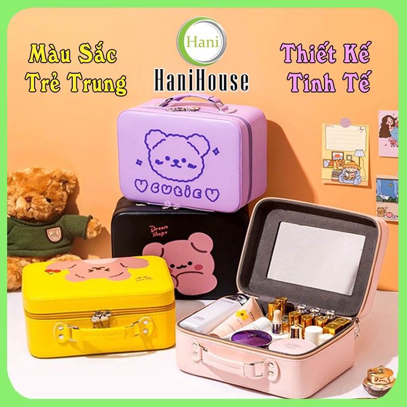 Hộp Vali Gấu Cute Khóa Kéo Đựng Mỹ Phẩm Trang Điểm Mini Có Gương Cao Cấp Hani House