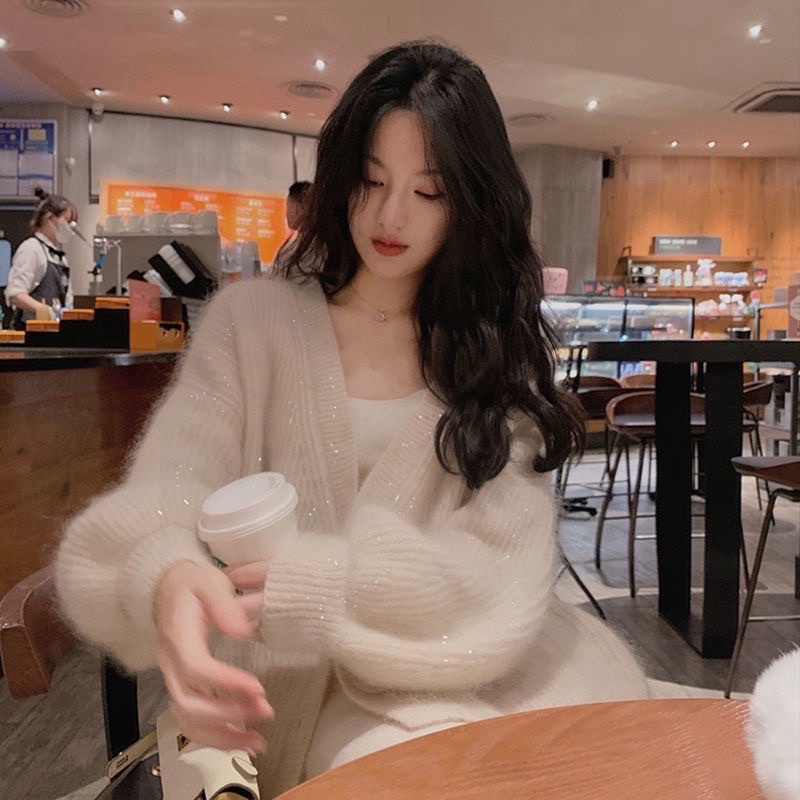 Áo khoác cardigan diệt kim len mohair lụa Hàn Quốc Thu Đông