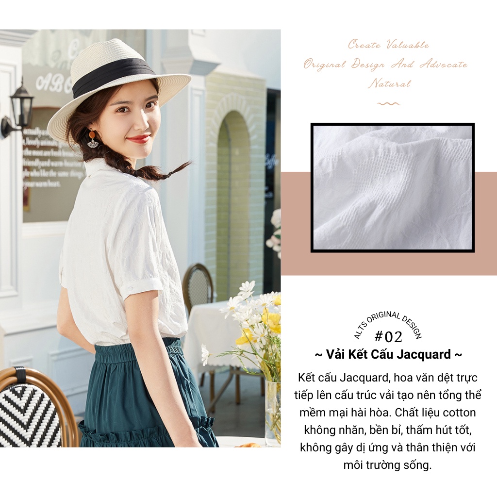 Áo kiểu nữ cổ sơ mi tay lỡ form rộng chất cotton thêu bông hồng trước ngực thời trang phong cách Hàn Quốc 2022