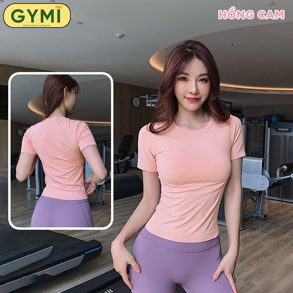 Áo tập gym yoga nữ GYMI AC23 dáng áo thể thao ngắn tay chất liệu dệt co giãn thấm mô hôi hãng Ami Meade
