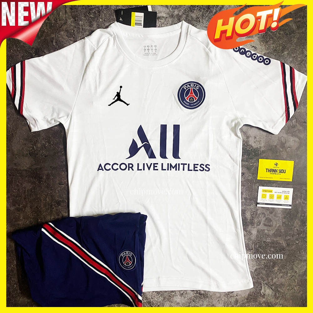 Bộ Áo bóng đá PSG trắng, quần có túi thời trang 2022 Trắng sân khách Thái cao cấp
