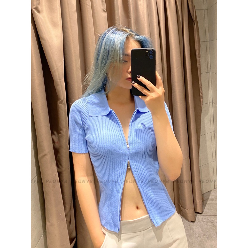 Áo Croptop Khoá Zip Cổ Bẻ PEONYB Nữ [FREESHIP]🌸 Polo thun tay lỡ ôm body, phông cá tính màu ĐEN | TRẮNG | XANH Ulzzang 🌸