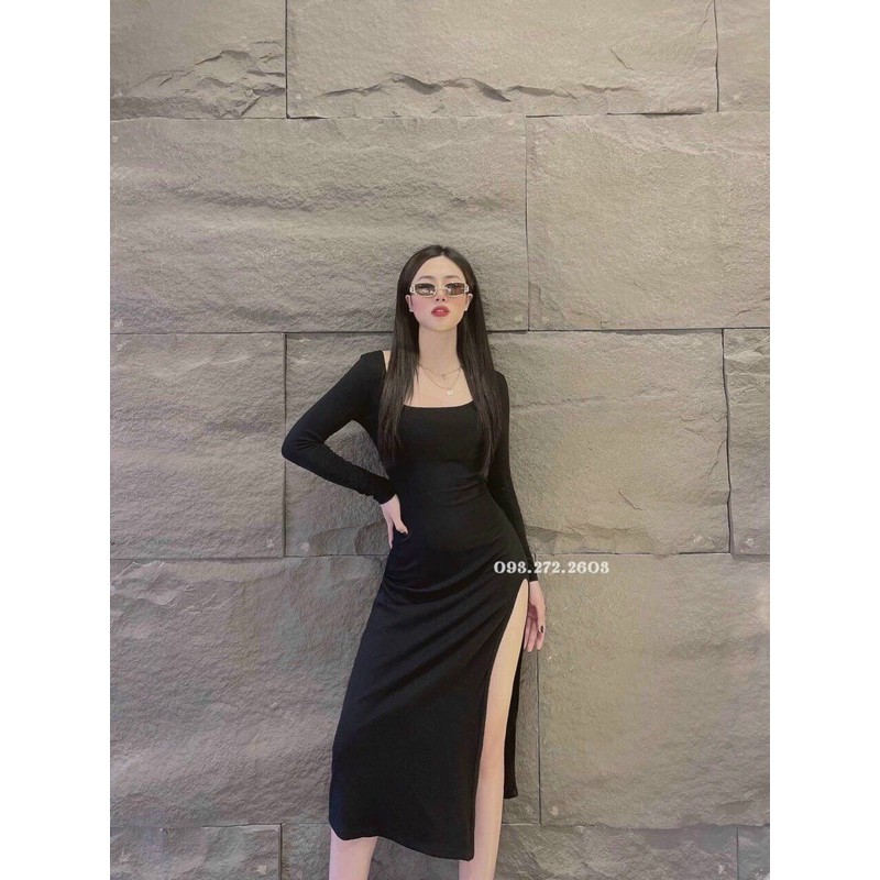 Đầm body xẻ tà cao tay dài cổ vuông - Hàng bao đẹp | BigBuy360 - bigbuy360.vn