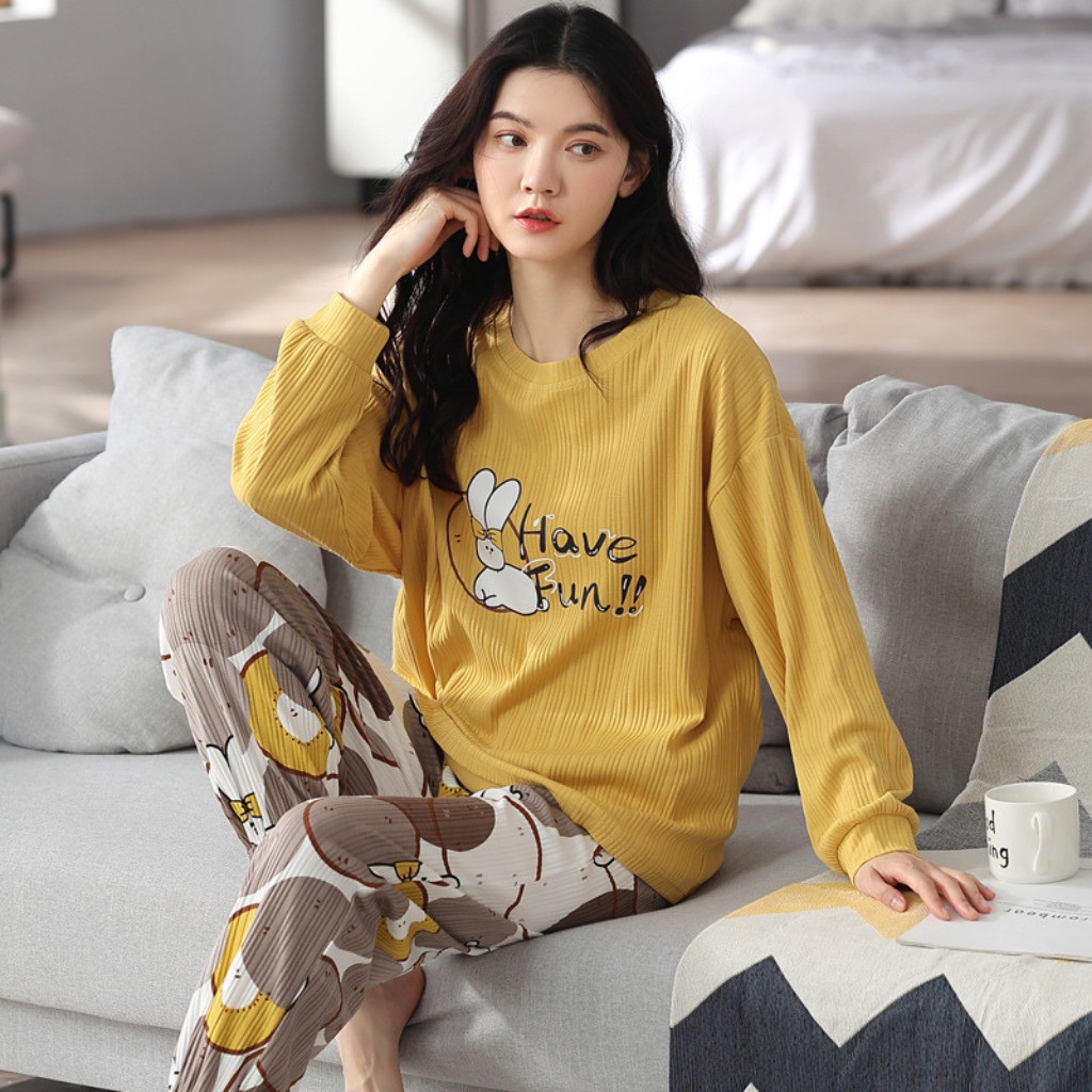 Bộ đồ ngủ, đồ ngủ nữ pijama thu đông dài tay cotton phong cách Hàn Quốc cực dễ thương | BigBuy360 - bigbuy360.vn