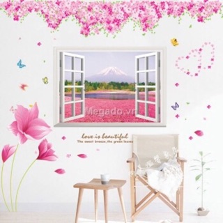 Combo 3 bức decal dán tường hoa anh đào, cửa sổ hồng, hoa hồng