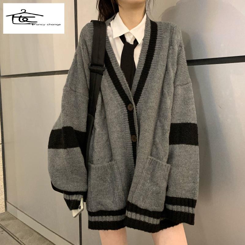 Hàng Có Sẵn Bán Chạy~Áo Khoác Cardigan Dệt Kim Màu Xám Dễ Phối Đồ Thời Trang Thu Đông Phong Cách Hàn Quốc Cho Học Sinh