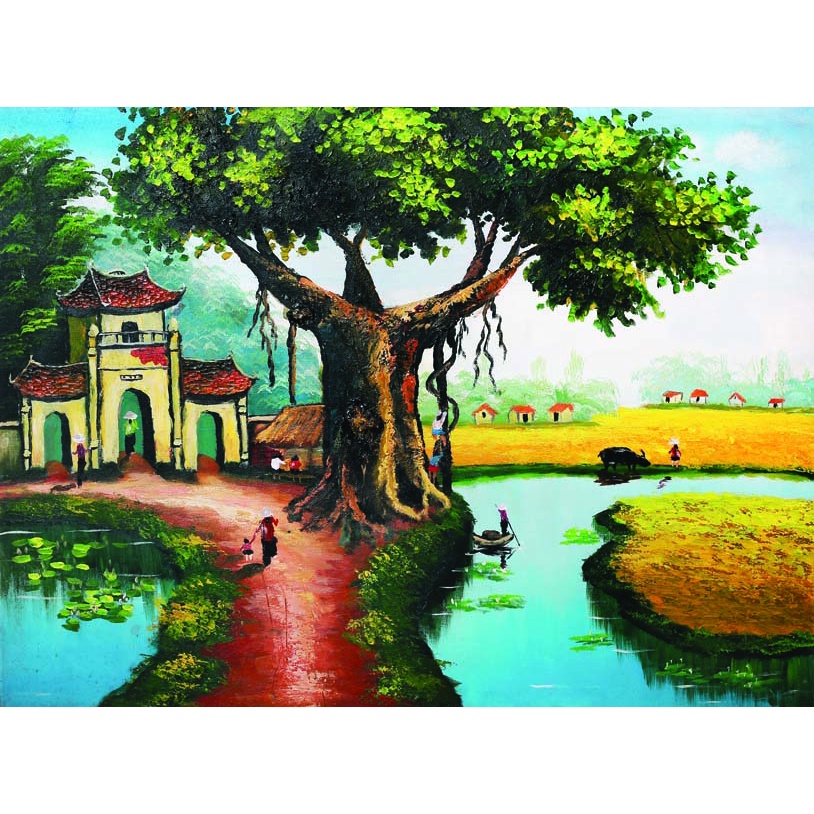 Tranh Dán tường 3D Phong Cảnh Làng Quê đình làng, cổng làng, đường làng, hồ nước, hình ảnh quen thuộc