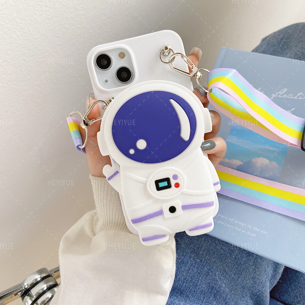 Ốp Điện Thoại Silicon Hình Phi Hành Gia 3D Kèm Dây Đeo Cho iPhone 14 11 12 13 Pro Max 8 7 6 Plus Xr Xs Max Xs X SE 2020 5