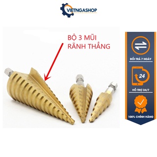 Bộ 3 Mũi Khoan Tháp Chuôi Lục Giác Thép Gió HSS Rãnh Thẳng Mạ Titan 4-32mm Dùng Khoan Nhôm, Nhựa, Gỗ Túi Vải.
