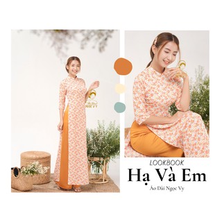 Áo Dài truyền thống NgocVy cổ cao 1,5cm chất liệu Tằm Hàn Hoa Nhí cam