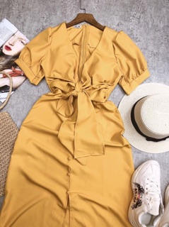 ĐẦM MAXI VÀNG CỘT NƠ NGỰC