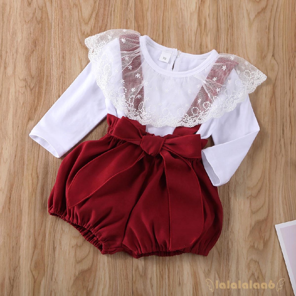 Set áo tay dài phối bèo + quần yếm ngắn dành cho bé gái