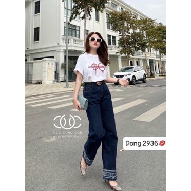 Quần jeans nữ ống suông lưng siêu cao phối chân chữ cực sang chảnh, mặc kéo dài chân, mã cao cấp