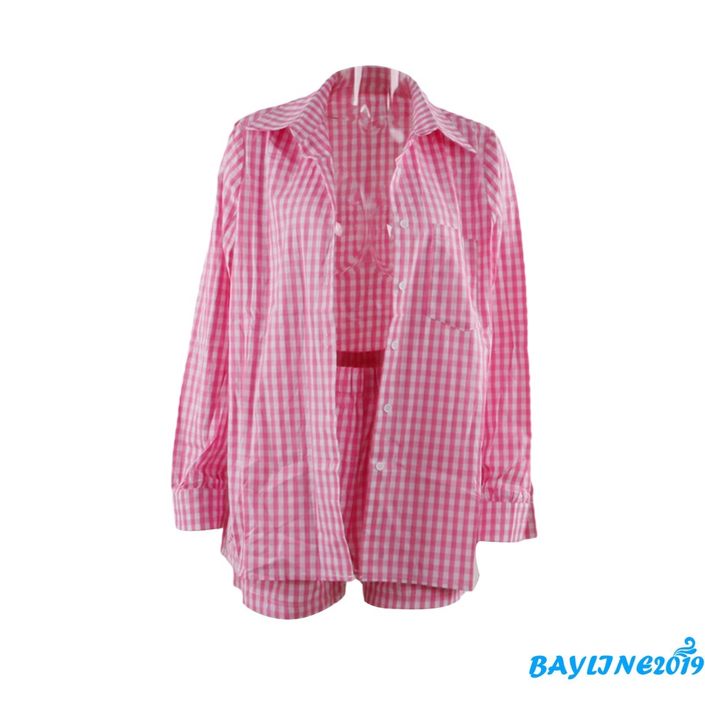 Áo sơ mi cổ bẻ tay dài kẻ sọc/ caro và quần short kiểu mùa hè cho nữ