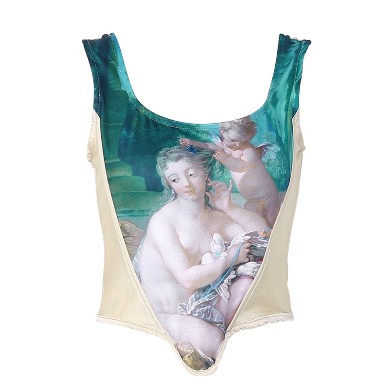 Áo Croptop Không Tay / Dài Tay Cổ Vuông In Họa Tiết Thiên Thần Xinh Xắn Dành Cho Nữ