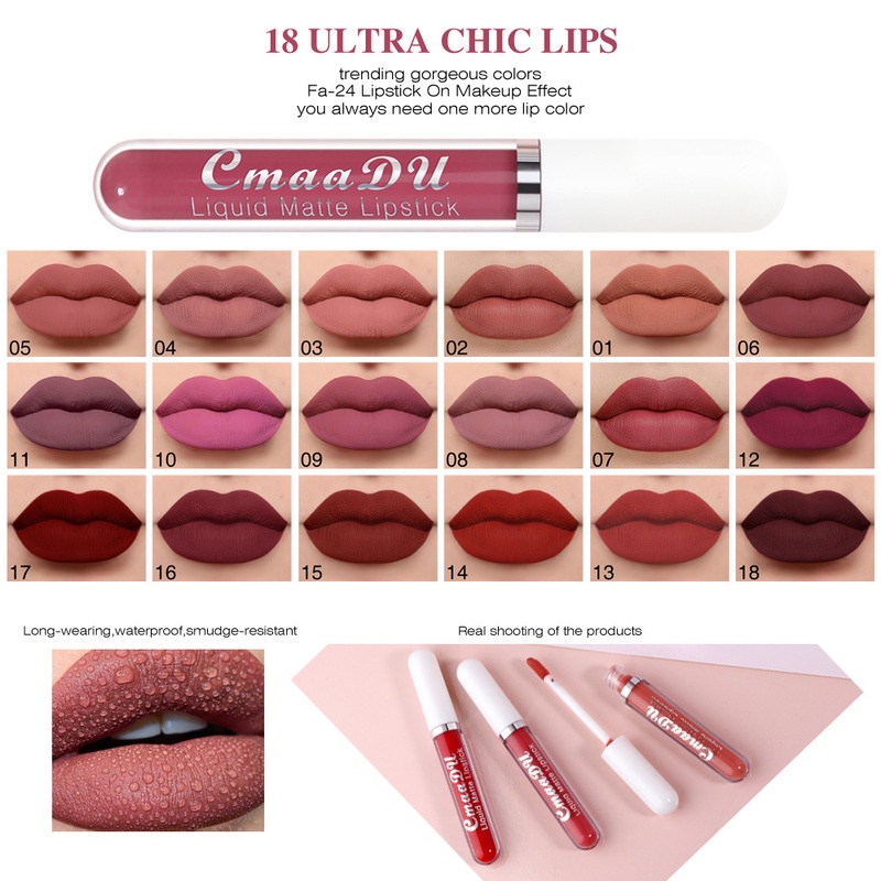 Son Môi CmaaDu 18 Màu Tùy Chọn Chống Nước Không Dính Cốc / Dưỡng Ẩm Lâu Trôi
