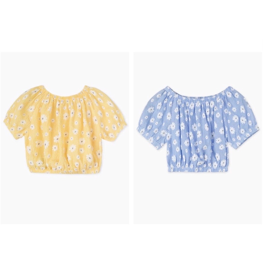 Áo croptop Geejay trễ vai bo chun hoa xanh/vàng BG