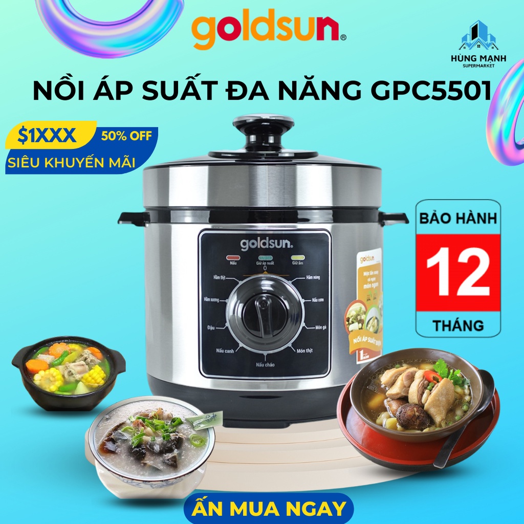 Nồi áp suất cơ Goldsun GPC5501, Nồi áp suất điện đa năng dung tích 6L công suất 1000W