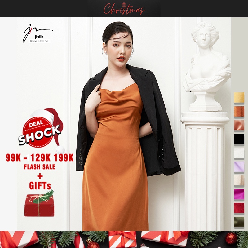 Váy 2 dây lụa cổ đổ, đầm đi tiệc cưới dạ hội sự kiện sang trọng dáng dài có điều chỉnh dây Partyqueen L.V2D-03 - jisilk