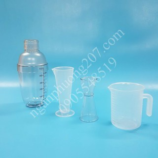 Combo 4 dụng cụ pha chế  (shaker 530ml in, ly 100ml in, ca 250ml, ly 2 đầu)