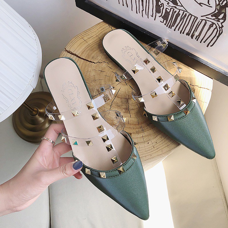 Women's Flat Pointed Toe Outer Wear Baotou Studded Half Slippers