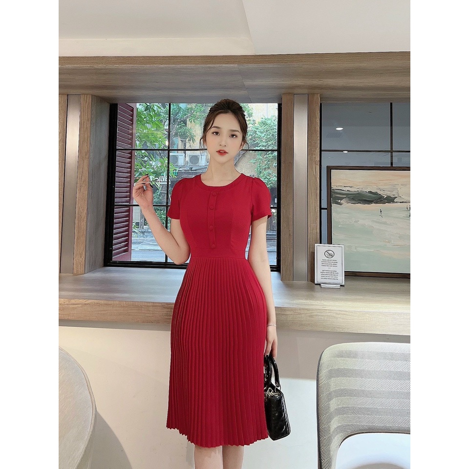 Áy công sở nữ liền thân dáng xòe xếp ly nhỏ  ống tay rúm nhẹ, cổ tròn nẹp khuy bọc thiết kế MQ Boutique cao cấp