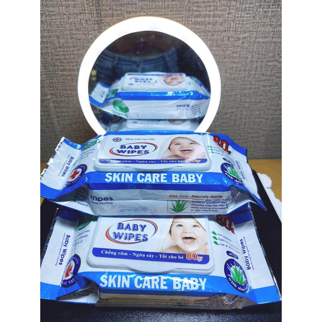 Combo 10 gói Khăn ướt BABY WIPES Xanh 80gr, Vải mềm mịn, Không Mùi, Hàng chuẩn, Giá Gốc