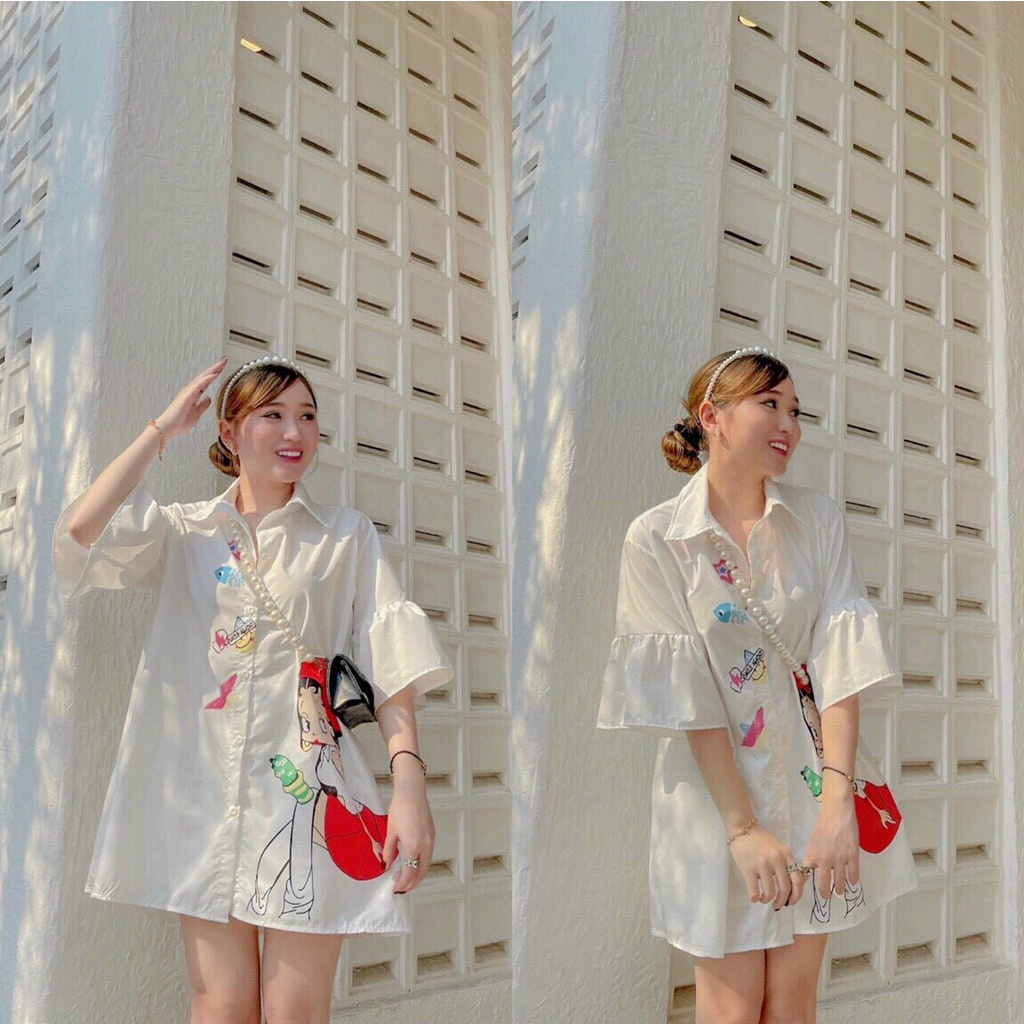 [ Miễn phí ship 2022] Áo tiểu thư babydoll, áo sơ mi in hình cô gái tay loe dáng ngắn xoè, áo bánh bèo đi chơi xinh xắn
