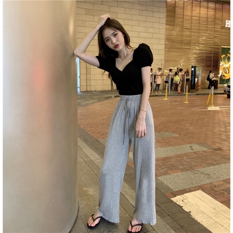 SUXI Set Áo Thun Tay Ngắn Phồng Cổ Chữ V Màu Sắc Đơn Giản + Quần Dài Lưng Cao Ống Rộng Thời Trang Cho Nữ