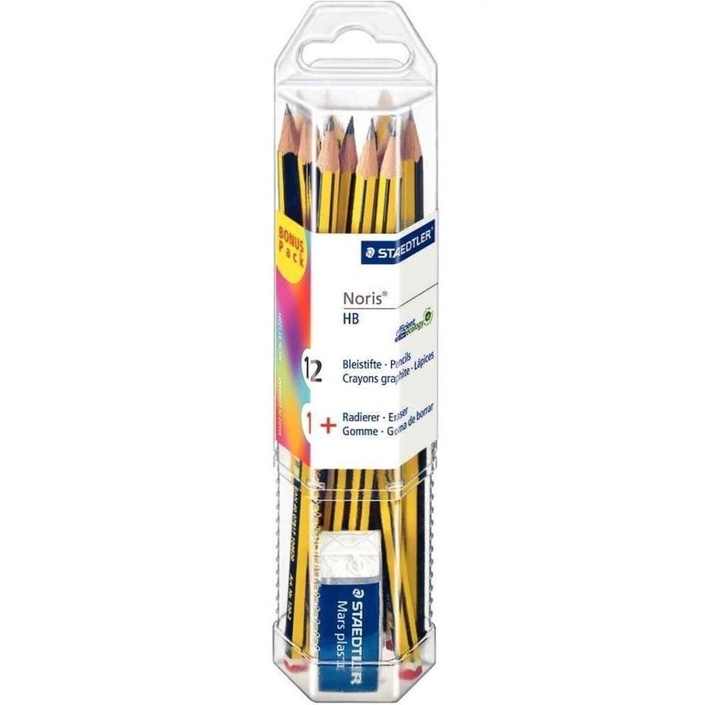 Bộ bút chì Staedtler (12 chiếc bút chì Staedtler sọc vàng đen 120-HB +1 viên tẩy cao cấp )