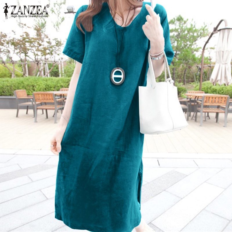 Đầm midi ZANZEA tay ngắn cổ tròn xẻ tà thời trang cho nữ