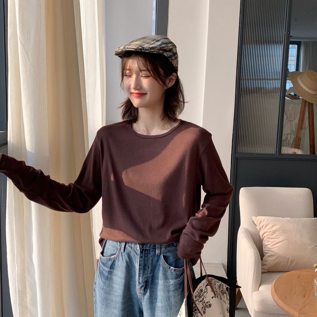 Áo Thun Tay Dài Cổ Tròn Màu Sắc Đơn Giản Dành Cho Nữ