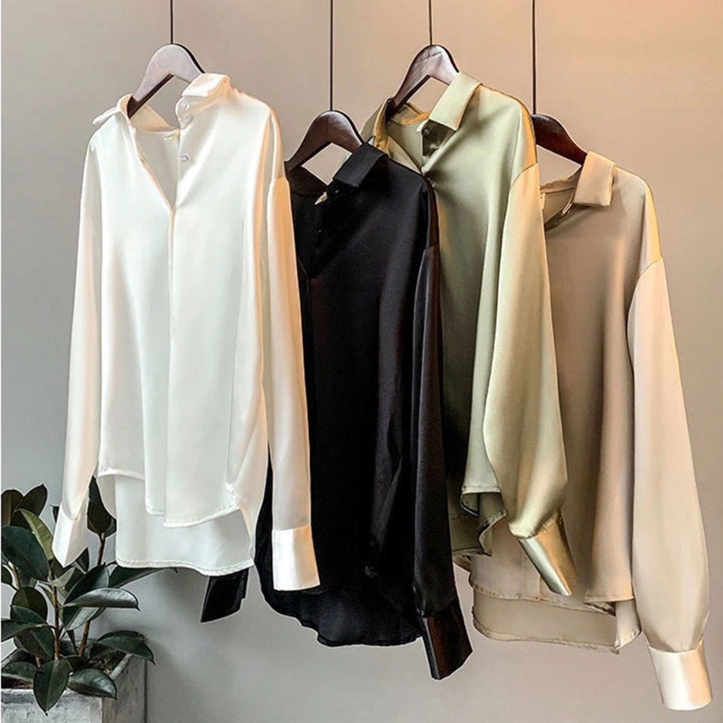 Áo Sơ Mi Lụa Satin Tay Dài Cổ V Màu Trơn Đính Nút Thời Trang Công Sở Cho Nữ Màu Sắc
