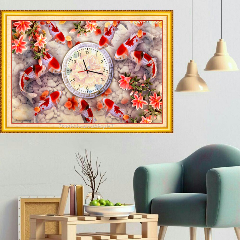 Tranh thêu đồng hồ cá KT:75x50cm,tranh chưa thêu.Tặng kéo và xỏ chỉ