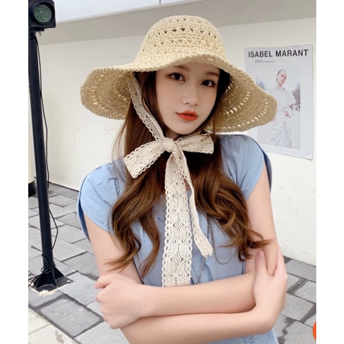 Mũ cói dây ruy băng thắt nơ - Maben
