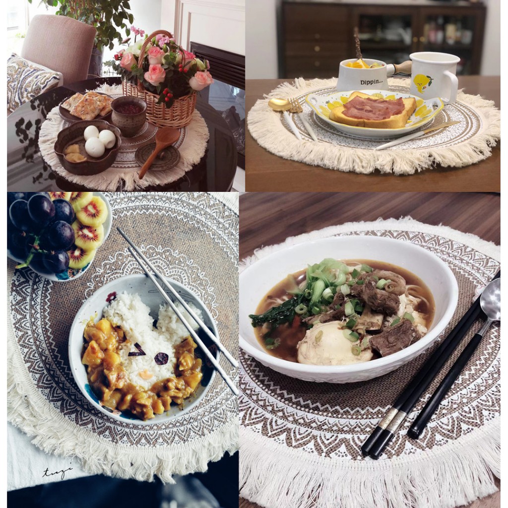 Tấm Lót Bàn Ăn Bằng Vải Lanh cotton Dày Cách Nhiệt Phối Tua Rua Phong Cách Moroccan Bắc Âu