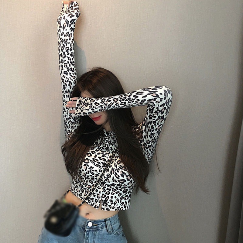 Áo Dài Tay Croptop Họa Tiết Da Báo Sành Điệu Cao Cấp Cho Nữ