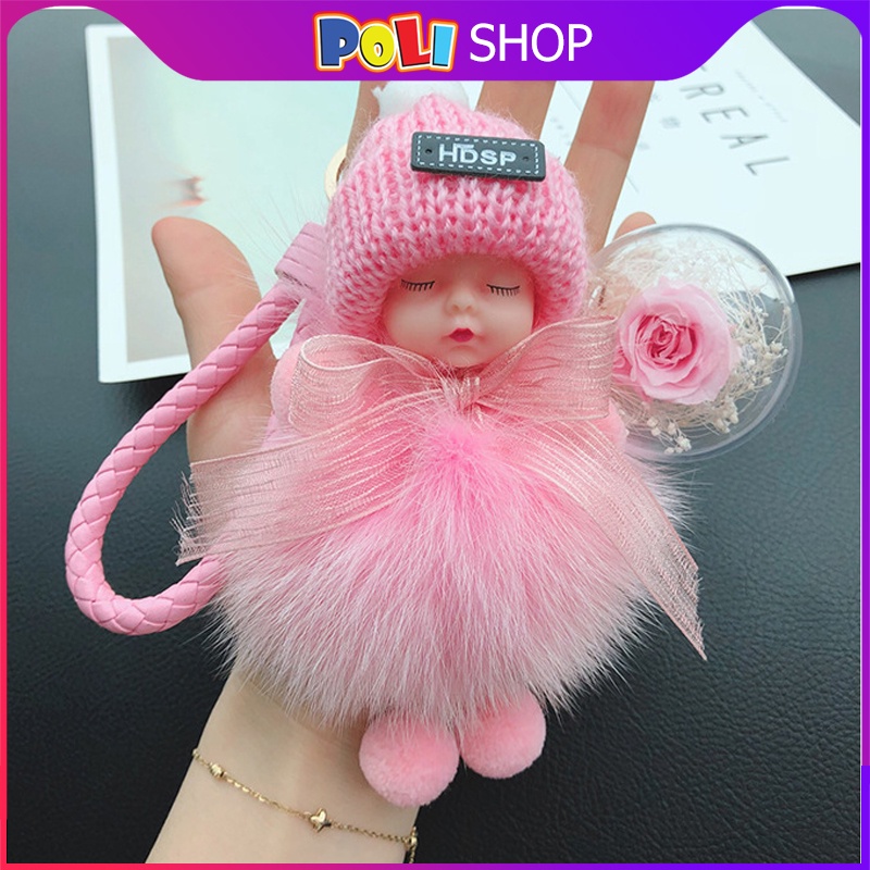 Móc khóa búp bê siêu dễ thương sang trọng phiên bản Hoa thật có nơ