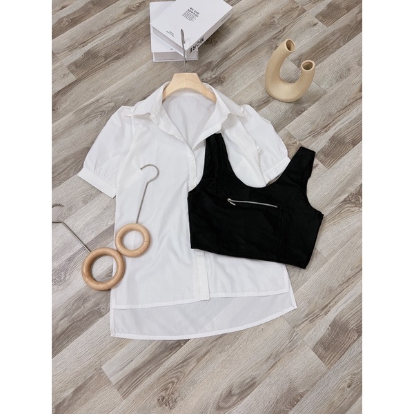 SET ÁO SƠ MI + GILE DA DÂY KÉO CROPTOP (TH)