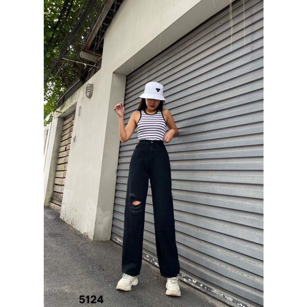 [ORTD5124] QUẦN JEANS ỐNG RỘNG NỮ LƯNG CAO RÁCH VUÔNG GỐI PHẢI BE TRÁI CAO MÀU ĐEN LAI CUỐN DÀY DẶN CAO CẤP NITIQC