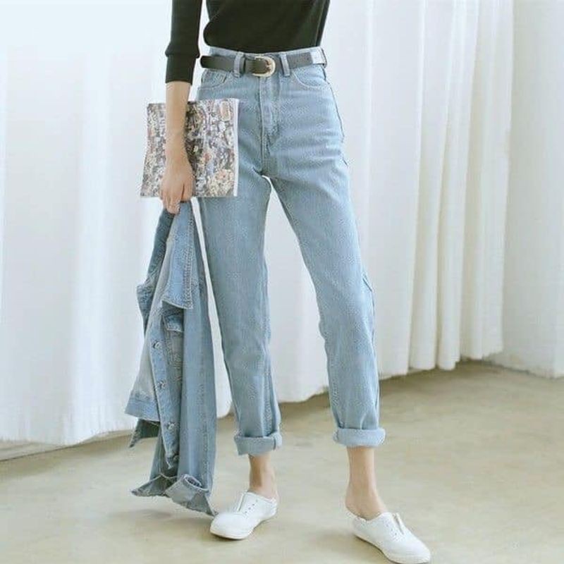 Quần jeans bó ống nhỏ cạp cao, quần bò jean dày dặn lưng cao ngang rốn tua gấu chân xanh nhạt