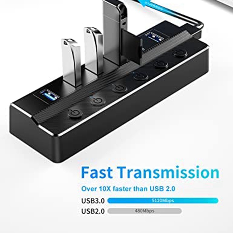 1 Bộ Hub 6 Cổng USB 3.0 Màu Đen Có Công Tắc Bật / Tắt Đèn Và Dây Cáp 3Ft Và Cổng Nối Dài Cho Laptop